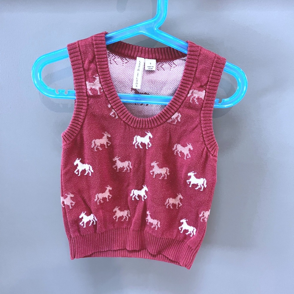 Janie and Jack Kids Girls Horse Fair Isle‎ Knit Sweater Vest Size 5 Red Tan